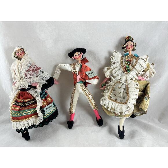 3 Lot Roldan Dolls Matador 2 Lady Dancers Made in Spain Tagged Vintage 50s 1960s - Picture 1 of 8